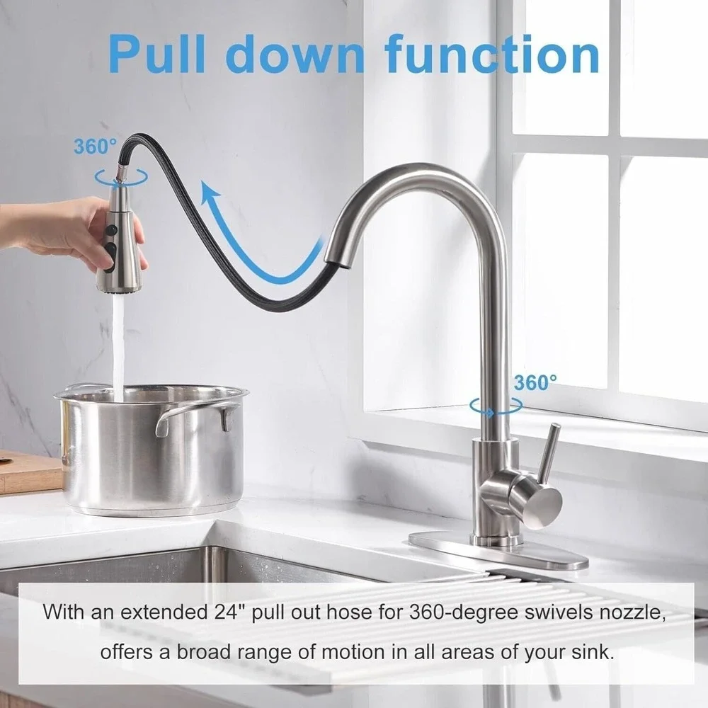 Brushed Nickel Kitchen Sink Faucet Pull down Sprayer Stainless‎ Steel Kitchen
